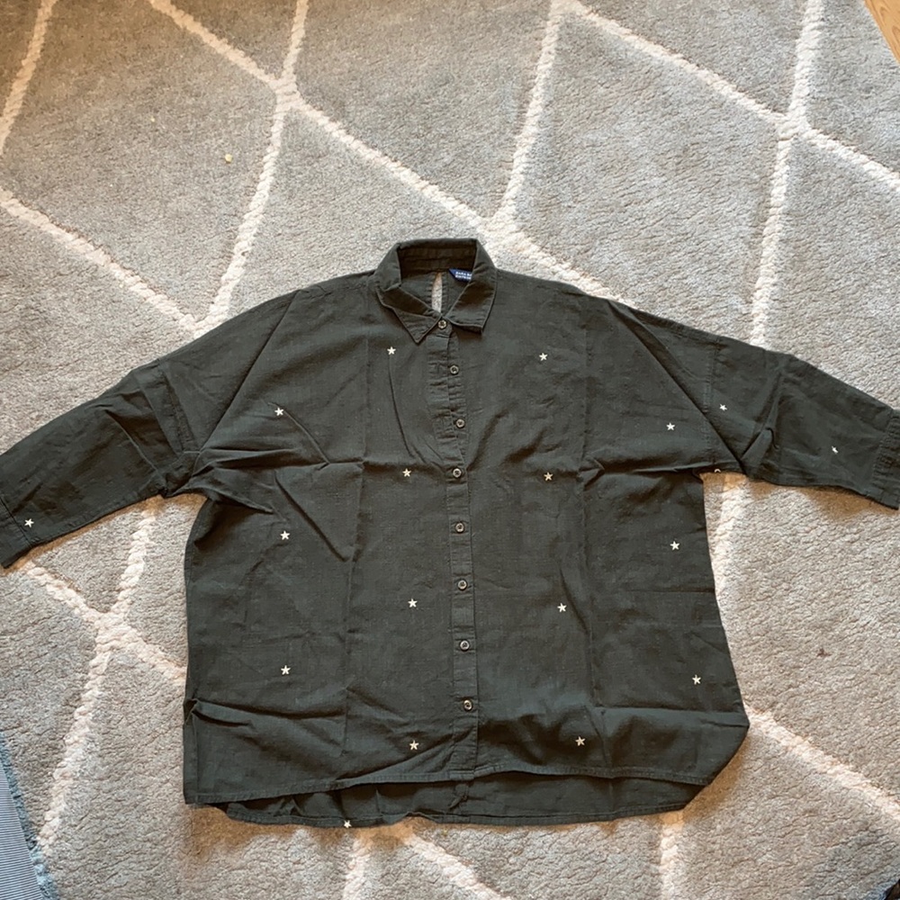 Zara army green star button down shirt